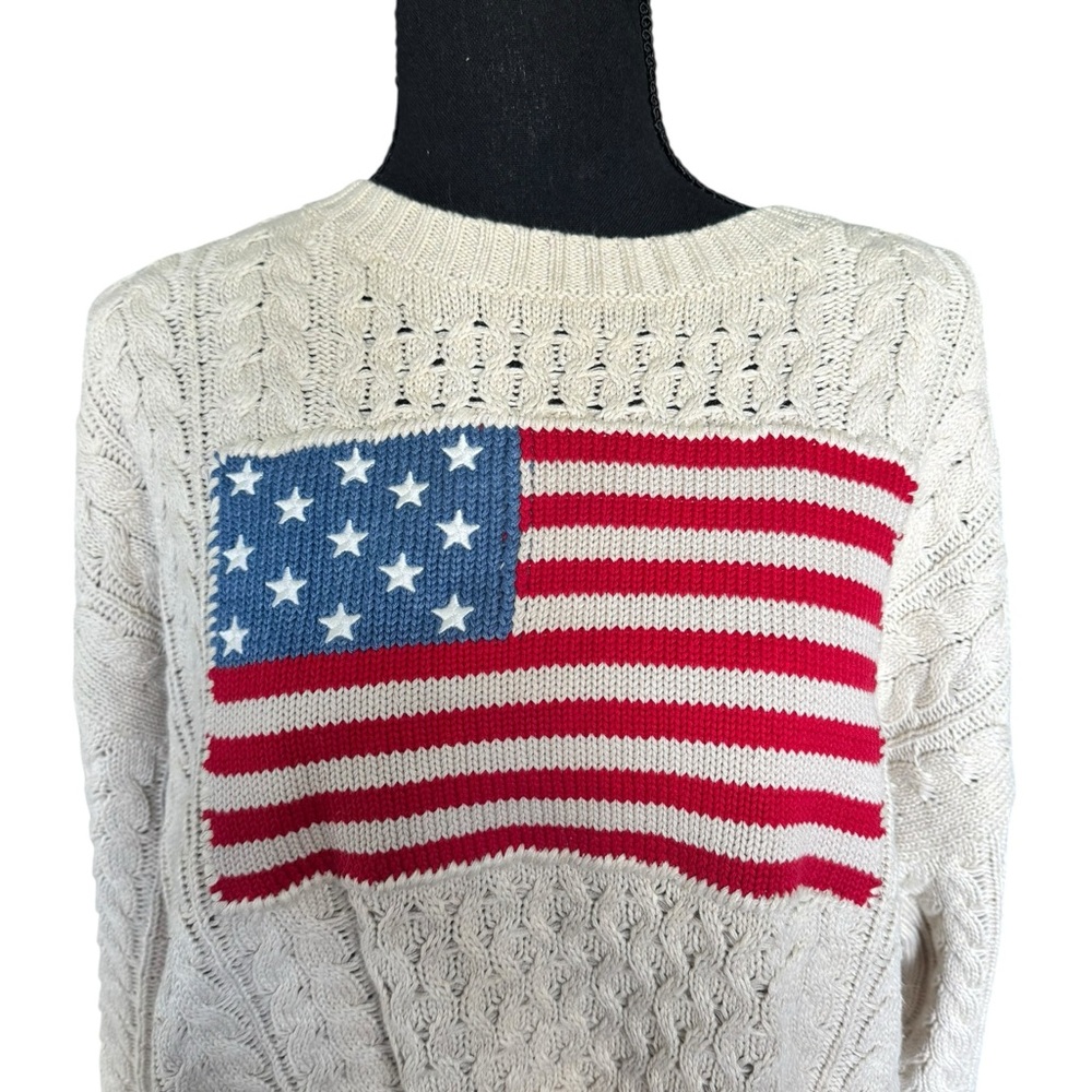 Denimist American Flag Cable Knit Sweater Oatmeal Cream Preppy Patriotic USA J32 - Picture 2 of 9